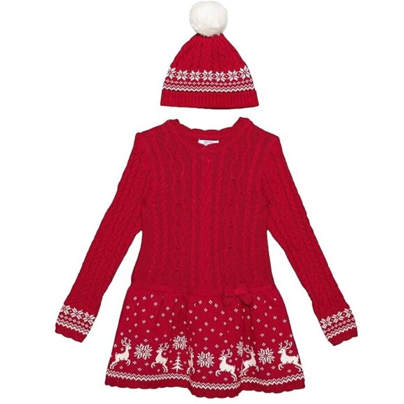 Mona Mouse Miss Girls Cable-Knit Sweater Dress and Beanie Set - Size 5 Crimson - Picture 1 of 1